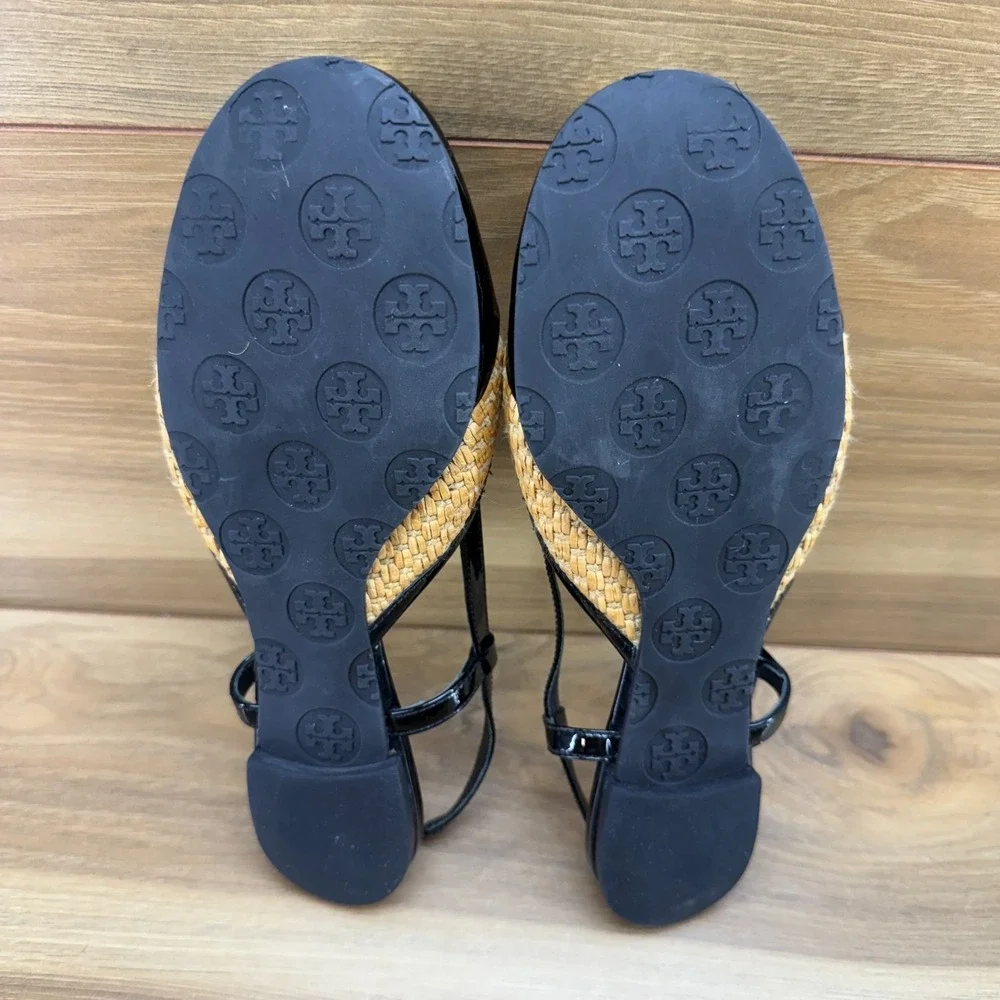 Tory Burch Jolie Woven Raffia Reva Flats Womens 6.5 Black Gold Slingback